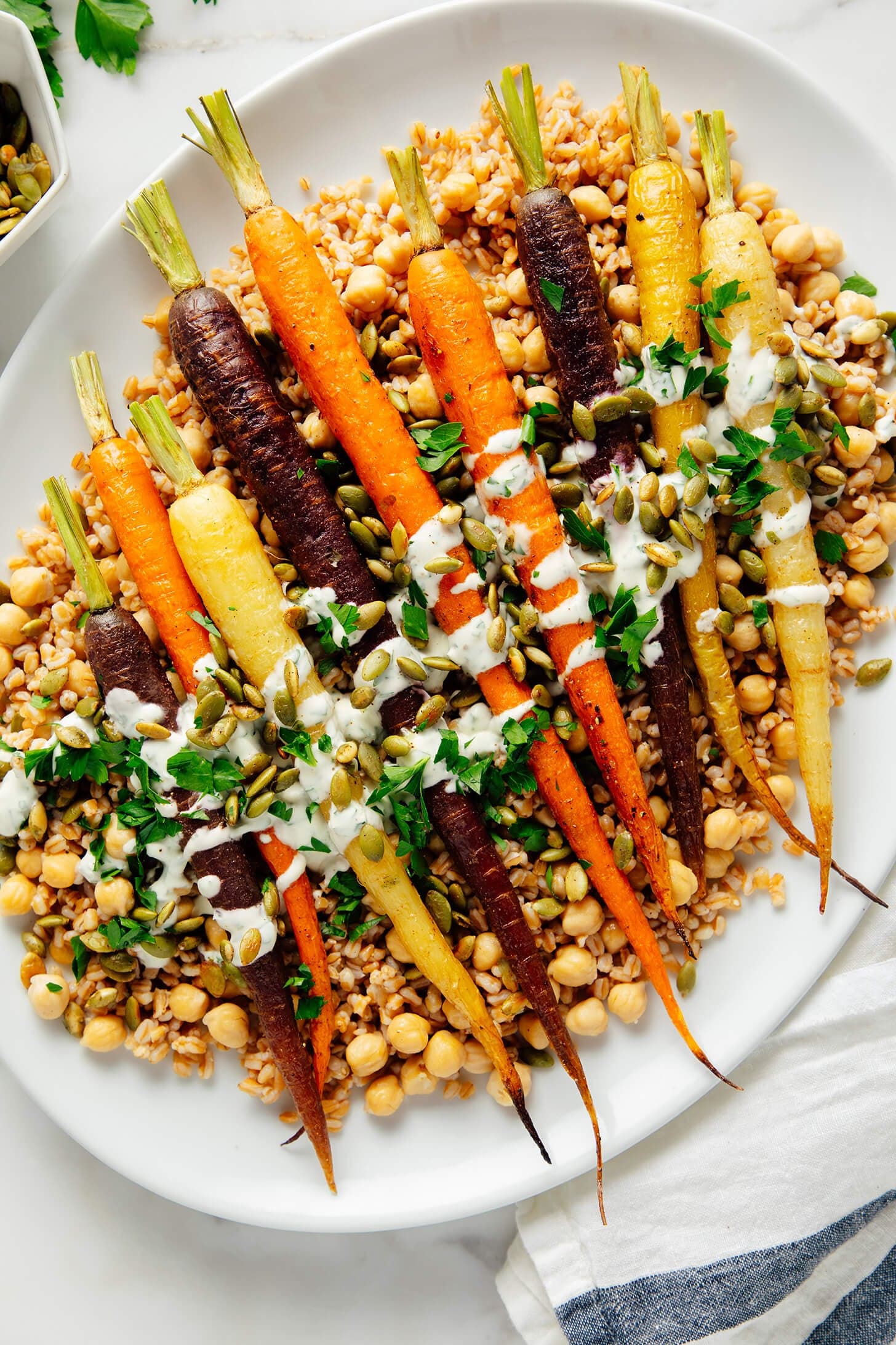 Roasted Carrots with Farro, Chickpeas & Herbed Crème Fraîche