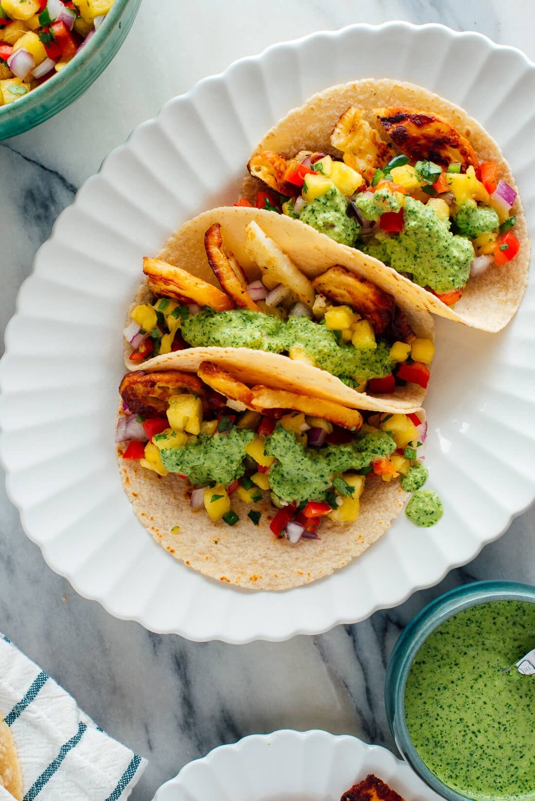 Halloumi Tacos with Pineapple Salsa & Aji Verde