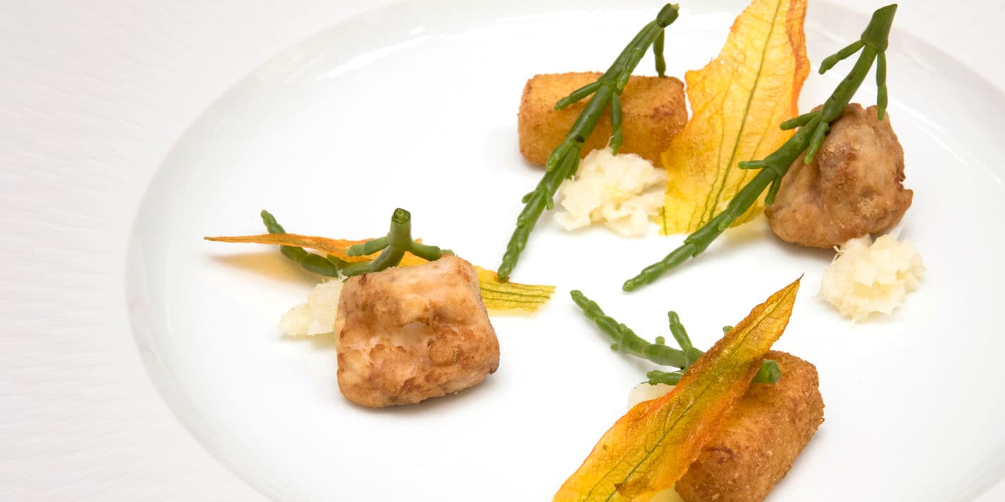 'Picnic in Liguria' – deep-fried calf's brain with lemon kimchi and courgette flowers