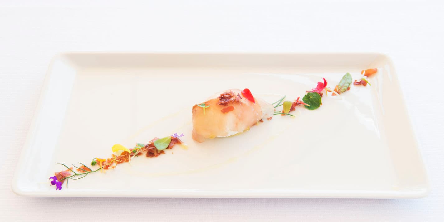 Onion ice cream with smoked swordfish and crispy ham