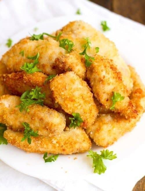 Parmesan Chicken Fingers with Garlic Cheese Sauce