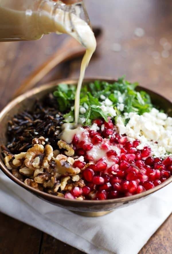 Pomegranate, Kale, and Wild Rice Salad with Walnuts and Feta