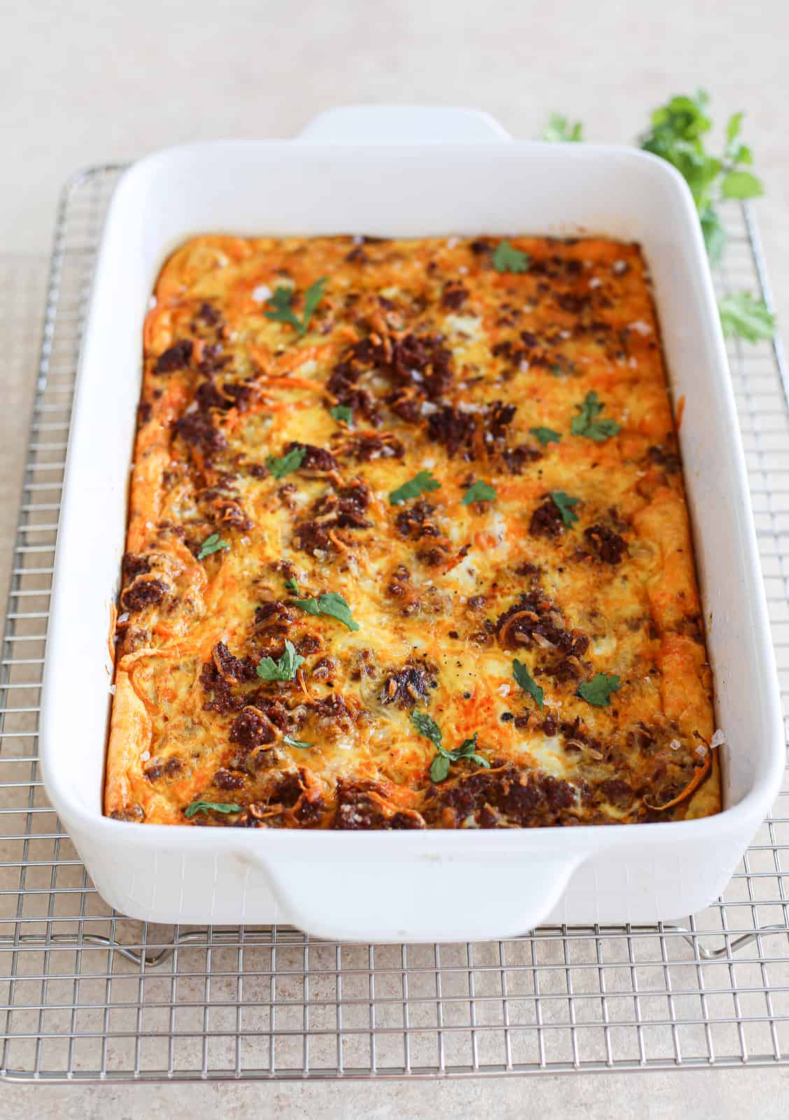 Chorizo and Spiralized Sweet Potato Breakfast Casserole