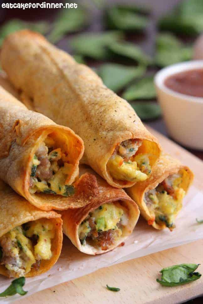 Baked Sausage, Spinach and Egg Breakfast Taquitos