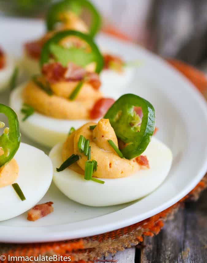 Deviled Eggs with bacon and jalapeños