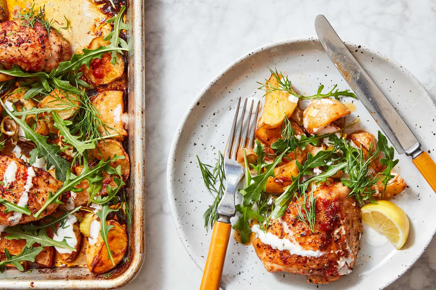 Sheet-Pan Chicken With Potatoes, Arugula and Garlic Yogurt