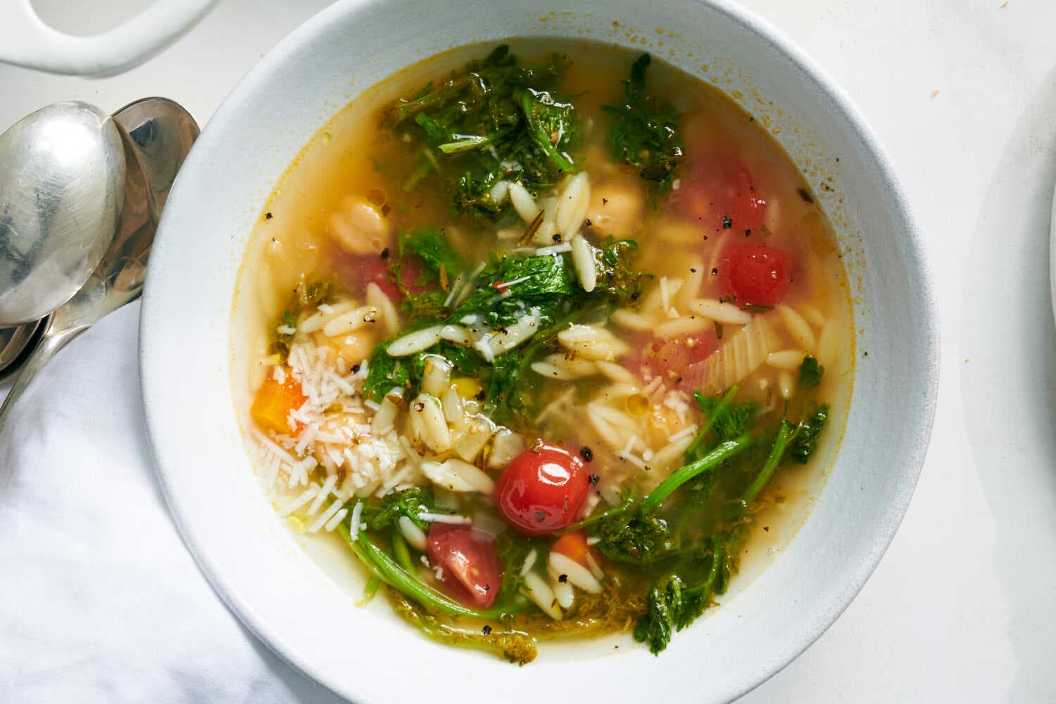 Chickpea Stew With Orzo and Mustard Greens